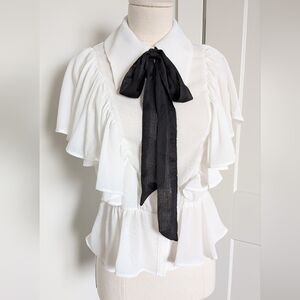 NWT Zara White Button up Ruffle Sleeve Blouse with Black Neck Tie XS